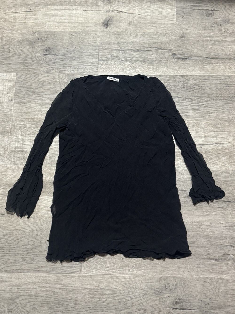 Shawn Ray Fons 100% Silk Black Crinkle Blouse Sz 10 V Neck Sheer Long Sleeve